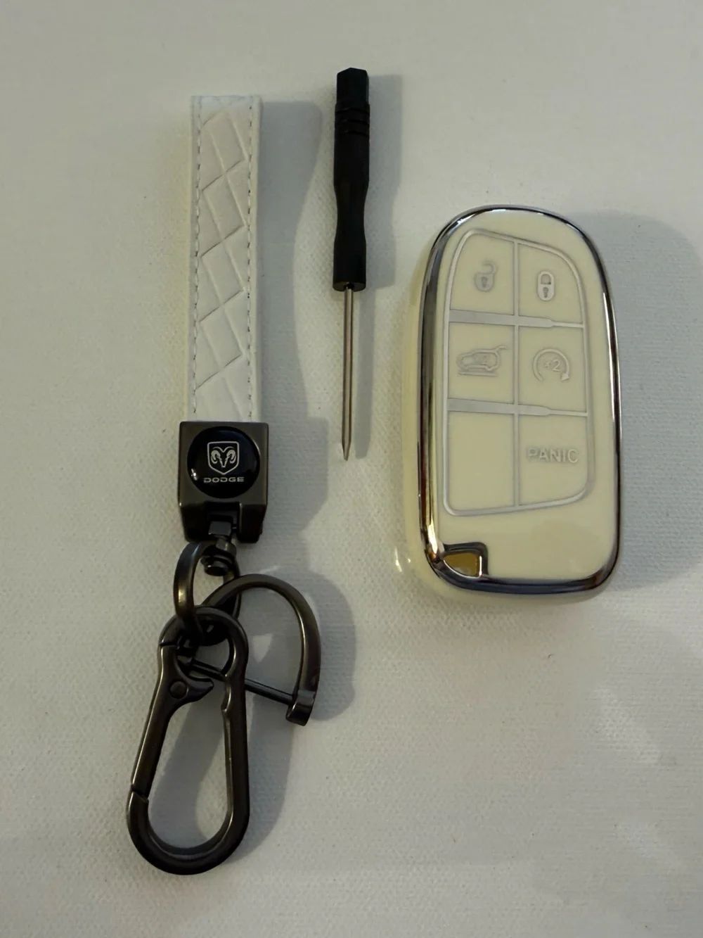 Dodge Key Fob Keychain in White Leather with Logo and Fob Case Cover NWT